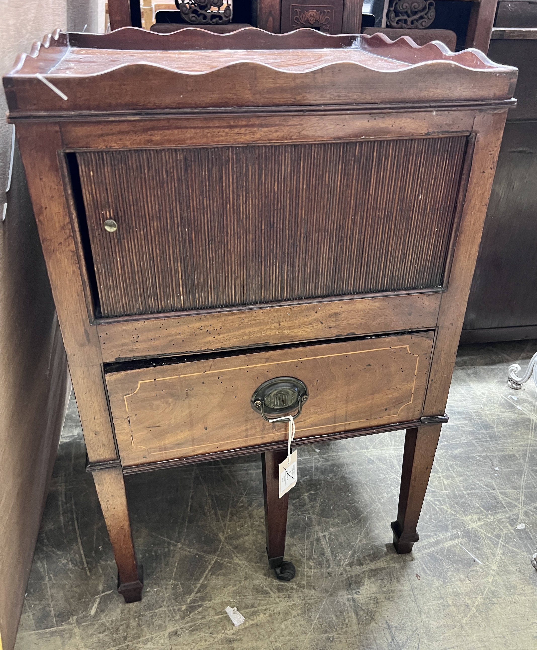 A George III mahogany tambour bedside cabinet, width 49cm, depth 46cm, height 76cm